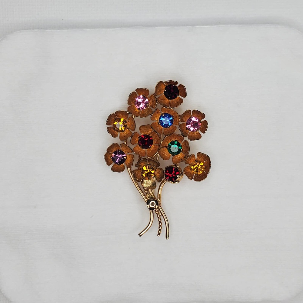 Vintage 12k Gold Fill Colorful Rhinestone Floral Bouquet Brooch - Picture 3 of 11